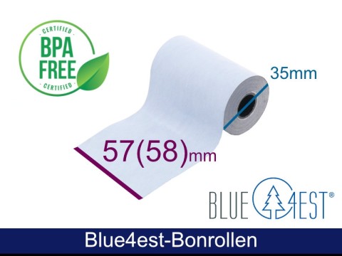 Thermorolle - 57(58) 35 12 (B/D(max.)/K) weiss, 14m, Blue4est® (Blau) Ökopapier, mit Lastschrift-Text